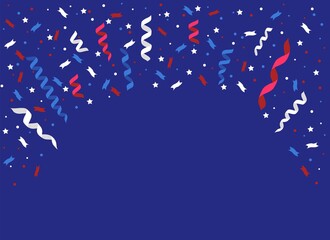 Red, blue and white confetti and ribbons background. Festive flat style design for banner, sale, holiday, party. Cartoon falling ribbons and confetti on blue background. Vector illustration