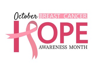 Hope design with Pink ribbon. October breast cancer awareness month typography design. Flat style pink ribbon design for disease prevention campaign, women support or help event. Vector illustration