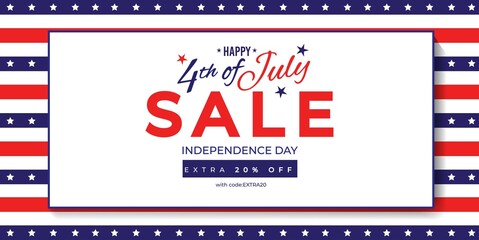 Fototapeta na wymiar 4th of july sale promotion design template with american flag colors. USA Independence day vector background for banner, flyer , voucher, discount, poster celebration. Fourth of July typography design