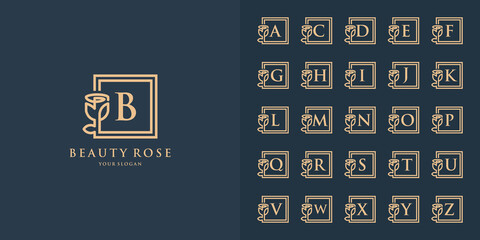 Square beauty rose logo. collection initial letter floral ornament logo with letter b