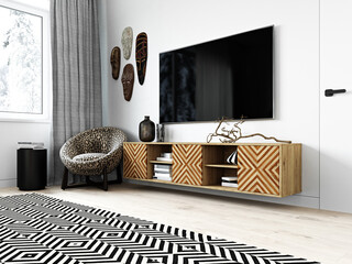 Modern interior of living room in African style. 3d rendering.