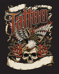 Tattoo Eagle with Skull and Roses Logo with Scrolls - 434433182