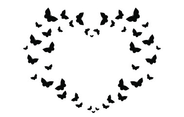 Butterflies silhouette, frame in the shape of the heart, vector EPS 10. Summer border, decor.