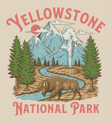 Vintage Yellowstone National Park Bison Mountain Geyser Scene - obrazy, fototapety, plakaty