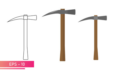 A set of picks for gold diggers with a wooden handle and a hammer on the other side. Realistic and linear design. On a white background. Tools for miners. Flat vector illustration.