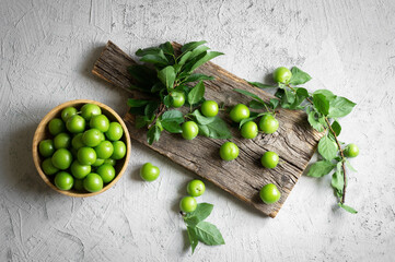 Fresh ripe organic green plums or greengage in bowl on rustic background, heap of summer fruits concept