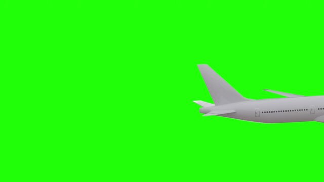 Green screen plane flying and deflecting.Passenger plane view from the side.Trip airplane animation 3d chroma key background.Great for travel,fly,vacations,aviation,transport,agency,fligh, tourism.4k