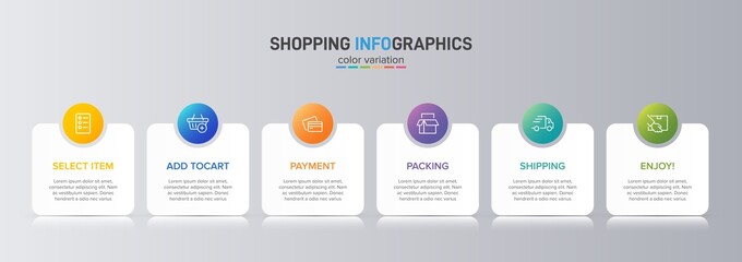 Concept of shopping process with 6 successive steps. Six colorful graphic elements. Timeline design for brochure, presentation, web site. Infographic design layout.