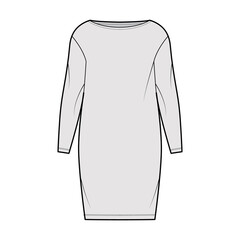 Dress sack slouchy technical fashion illustration with long sleeves, oversized body, knee length pencil skirt. Flat apparel front, grey color style. Women, men unisex CAD mockup