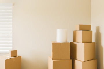 Variety of Packed Moving Boxes with Materials In Empty Room Against Wall.