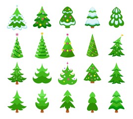 Christmas trees icons set. Various colorful green Christmas trees with snow and decorations, pines and coniferous trees. Collection of Christmas and New Year symbols. Isolated. Vector