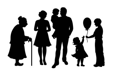 People silhouettes. Happy family. Woman and an elderly woman, man holds child in his arms, boy gives little girl balloon. Black isolated silhouette on white background. Vector illustration