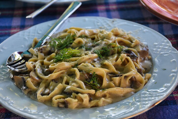 Italian style Tagliatelle pasta served with Aegean herbs, mushrooms and cheese. Homemade