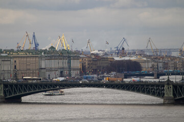 St. Petersburg city in the spring. City center. View of the Neva river and sights.