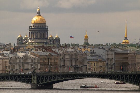 St. Petersburg city in the spring. City center. View of the Neva river and sights.