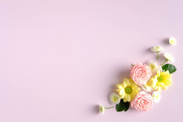 Floral composition on pink background. Happy Mother's Day, Birthday, anniversary concept.
