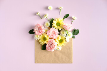 Open mail envelope with flower on pink background. Romantic, Love letter, flowers delivery concept.