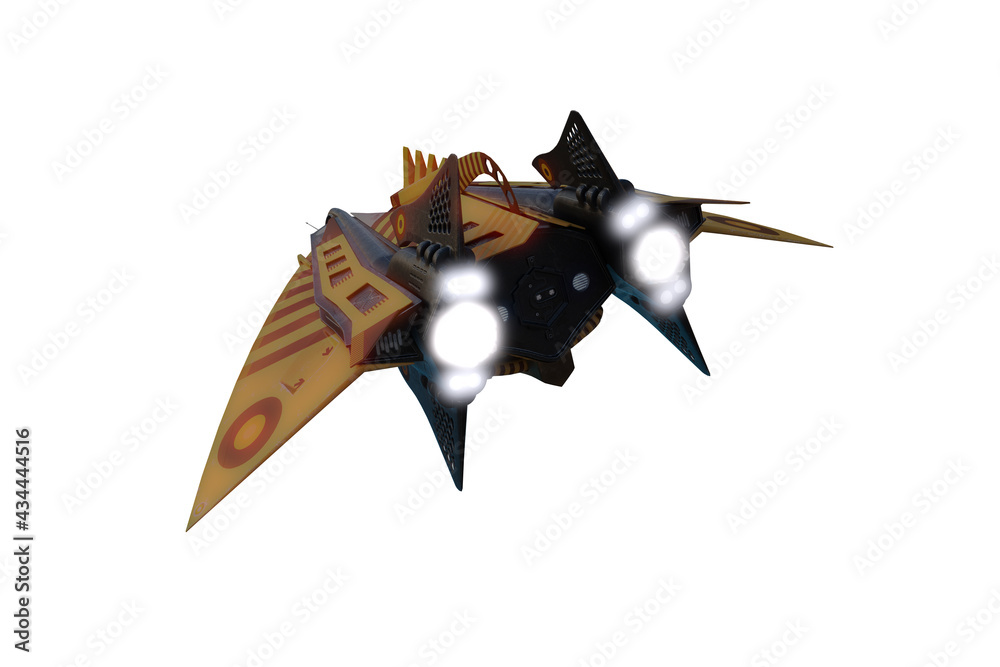 Poster 3d rendering of a futuristic space ship flying away isolated on white.