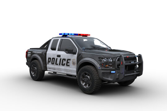 3D rendering of a black and white american police truck isolated on white.