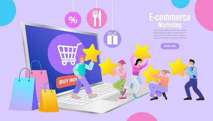 Online store product feedback review. store with five-star rating. E commerce, online shopping rates, internet buying. Trust metrics, top rated product. Clothes and stars in computer. vector