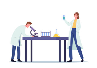 Scientists Conduct Experiment and Scientific Research in Science Laboratory, Man Look in Microscope, Woman Holding Flask