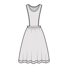 Dress pinafore apron technical fashion illustration with sleeveless, knee length full skirt. Flat apparel front, grey color style. Women, men unisex CAD mockup