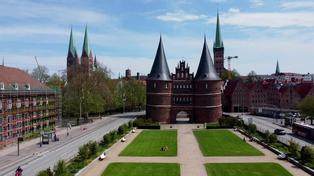 Famous Holstentor in the city of Lubeck Germany - aerial photography