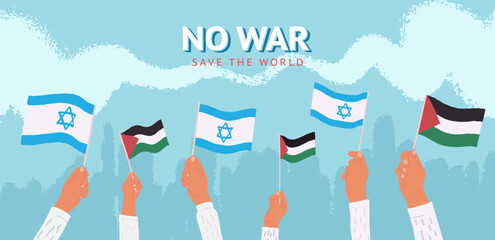 No war vector illustration . Peaceful meeting Israel and Palestine people holding national flags in hands on blue sky background