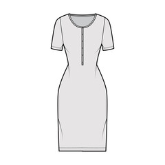 Dress henley collar technical fashion illustration with short sleeves, fitted body, knee length pencil skirt. Flat apparel front, grey color style. Women, men unisex CAD mockup