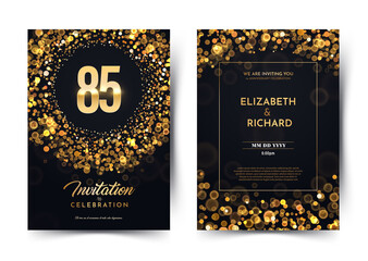 85th years birthday vector black paper luxury invitation double card. Eighty five years wedding anniversary celebration brochure. Template of invitational for print dark background with bokeh lights