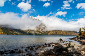 foggy and cloudy autumn morning in Jenny Lake in Grand Teton National Park in Wyoming.