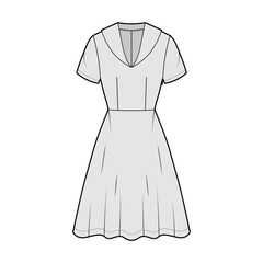 Dress sailor technical fashion illustration with middy collar, short sleeve, fitted body, knee length circular skirt. Flat apparel front, grey color style. Women, men unisex CAD mockup