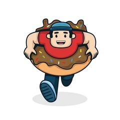 Vector illustration of Donut delivery service.running delivery boy with donut surrounding on body