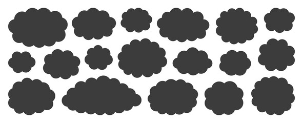 Black flat vector cloud set. Clouds cartoon symbols on white background for web site design, logo, app. Bubble icon collection for infographic design. Label and stickers