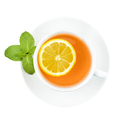 tea in a white mug with lemon and mint on an isolated white background. top view