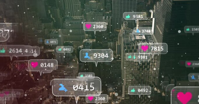 Multiple speech bubbles with social media icons and increasing numbers against cityscape