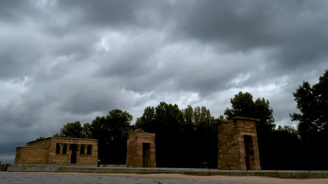 A timelapse of the Temple of Debod during a cloudy day in Madrid