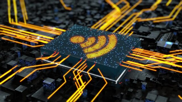A wireless signal distribution center in an abstract city or an electronic circuit board chip. The central processor in the form of a Wi-Fi symbol and a stream of energy rays.