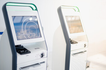 Many auto check-in self service for traveler prepare for travel or working at the airport. Due to the Covid-19 epidemic pandemic.