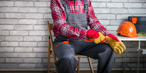  Man putting gloves, glasses, helmet and protective gear on workplace. Work safety.