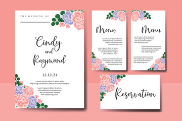 Fototapeta na wymiar Wedding invitation frame set, digital art hand drawn Watercolor Pink and Purple Rose Flower design Invitation Card Template