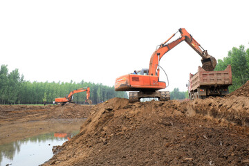 Excavator in construction of water conservancy project, North China