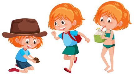 Cartoon character of a girl doing different activities