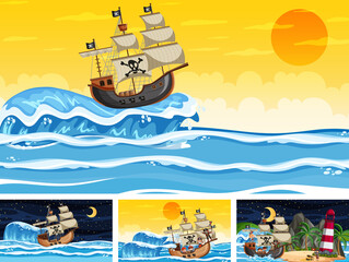 Set of different beach scenes with pirate ship