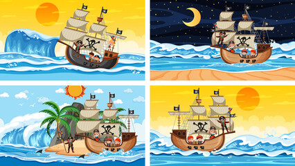 Set of different beach scenes with pirate ship and pirate cartoon character