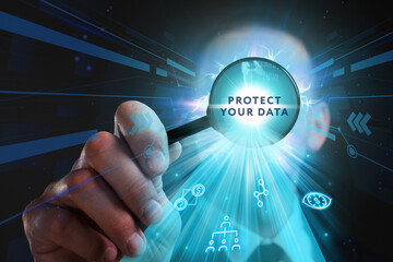 Business, Technology, Internet and network concept. Young businessman working on a virtual screen of the future and sees the inscription: Protect your data