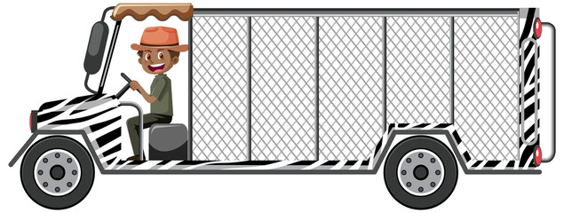 Zoo concept with driver man drives cage car isolated
