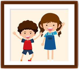 Cartoon character of boy and girl in a photo frame