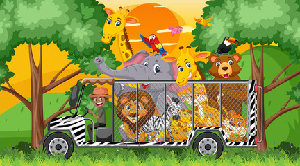 Safari scene with wild animals in the cage car