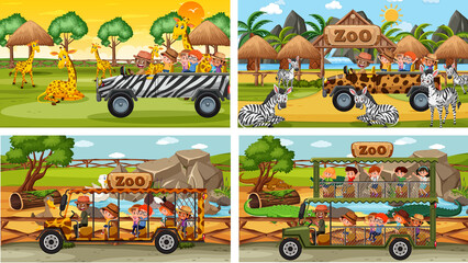Set of different safari scenes with animals and kids cartoon character